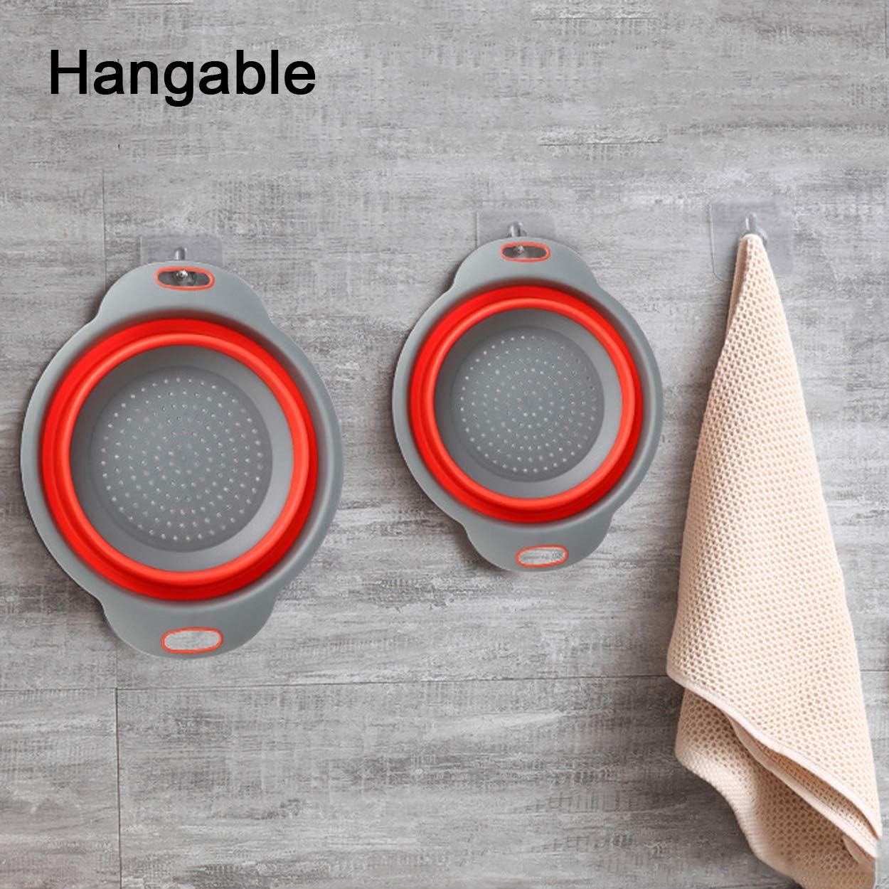Collapsible Colanders Strainers Set 2 Pieces, Fruit and Vegetable Cleaning Filter Basket, Food-grade Silicone Foldable Kitchen Drain Strainers with Handle, Dishwasher for Draining Pasta, Veggies Red