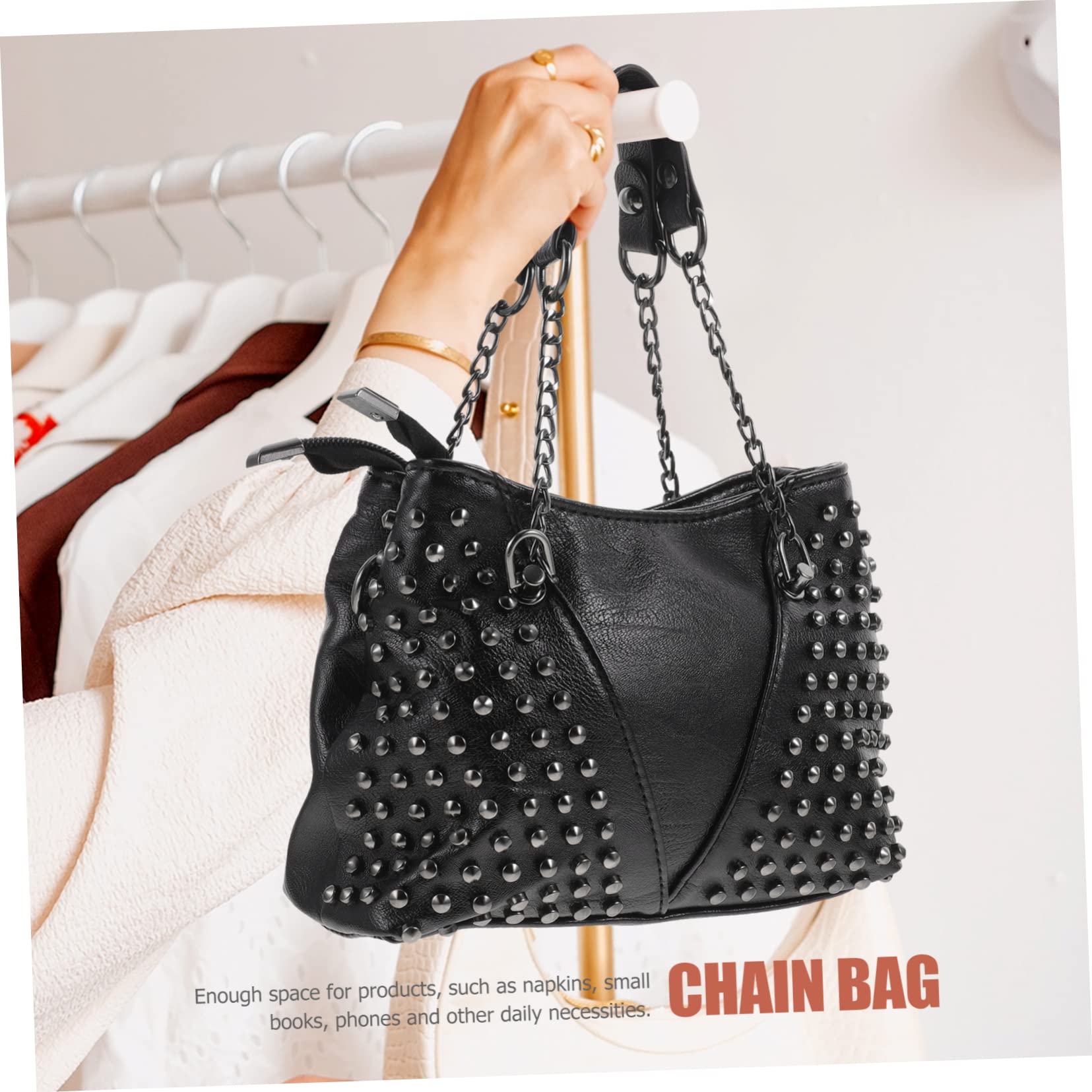 Hohopeti Bolso Bandolera de Pu Cadena y Remaches, Diseño Elegante y Sencillo, Cómodo al Tacto, Espacio Suficiente para Uso Diario en Centro Comercial