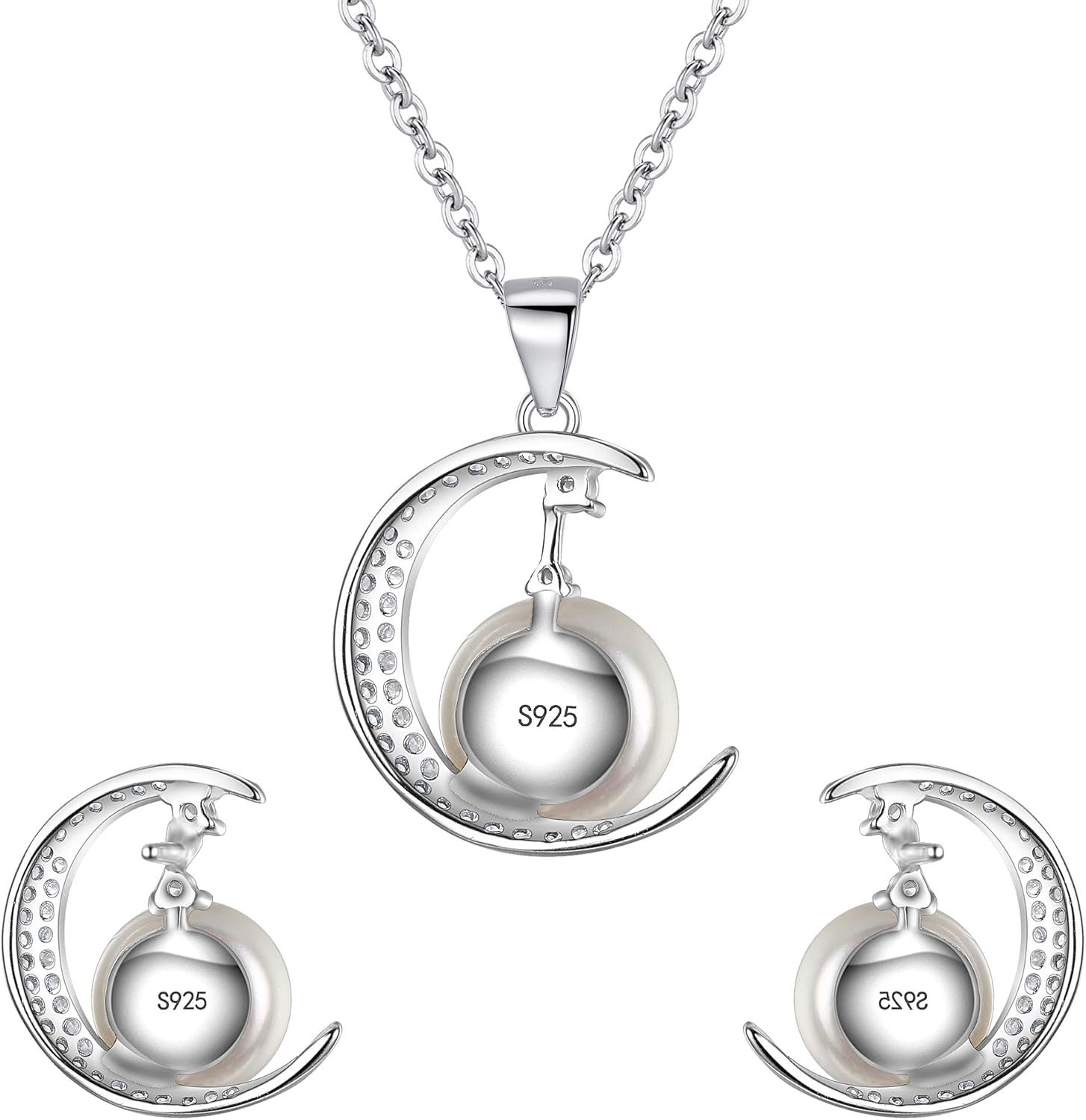 EleQueen 925 Sterling Silver CZ AAA Button Cream Freshwater Cultured Pearl Bridal Jewelry Necklace Earrings Set Ivory for Women, Valentine's Day/Mother's Day/Christmas Jewelry Gift for Girlfriend/Mom