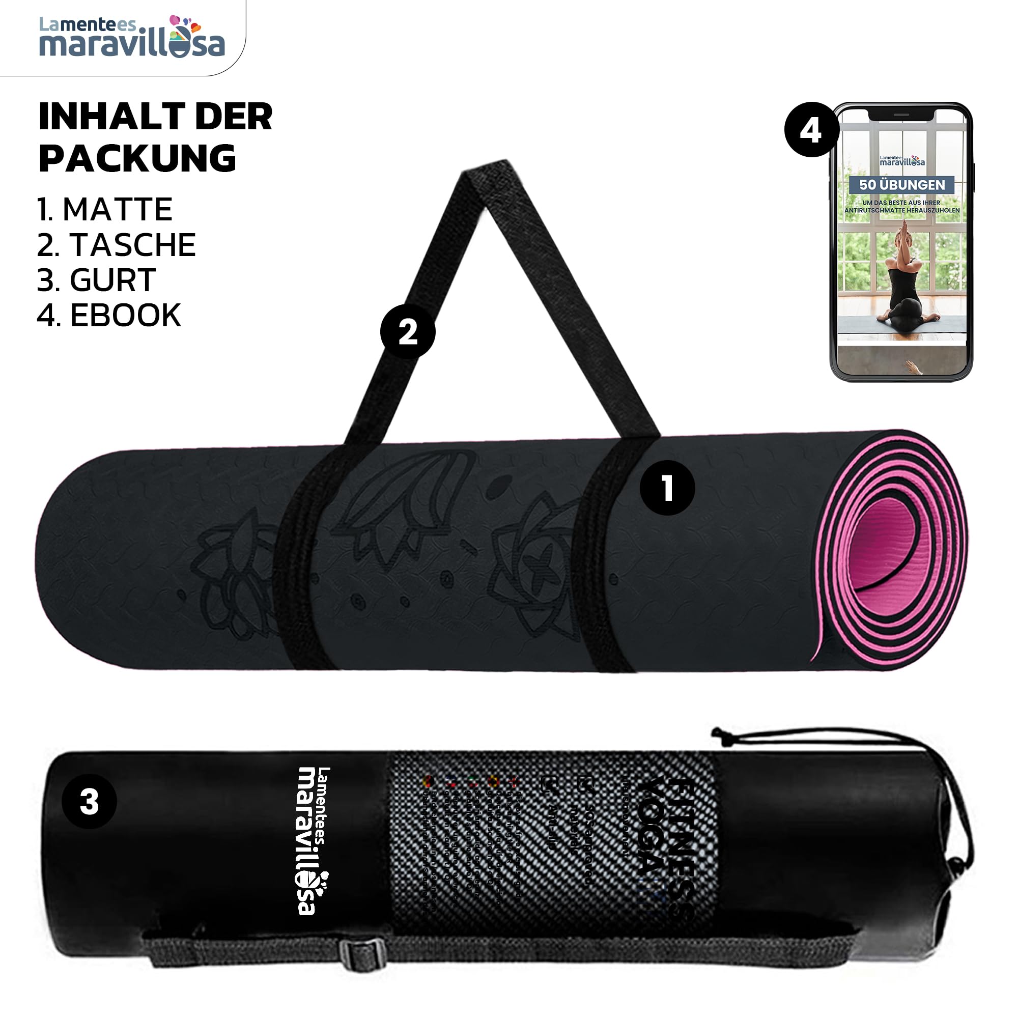 LA MENTE ES MARAVILLOSA - Gymnastikmatte Rutschfest【TPE | 183x61cm】Inkl Tragegurt + Tasche + Übungs-E-Book, Gelenkschonende Yogamatte für Fitness, Pilates | Indoor/Outdoor Geeignet