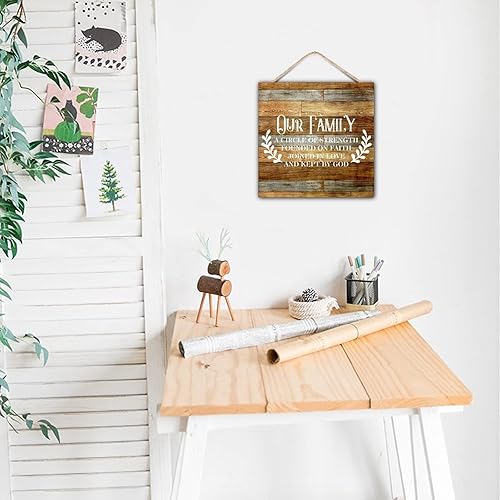 Miniatura 7 de Paleta de madera vintage versículo bíblico tema del hogar Nuestra familia un círculo de fuerza fundada en la fe unido en el amor y mantenido por G