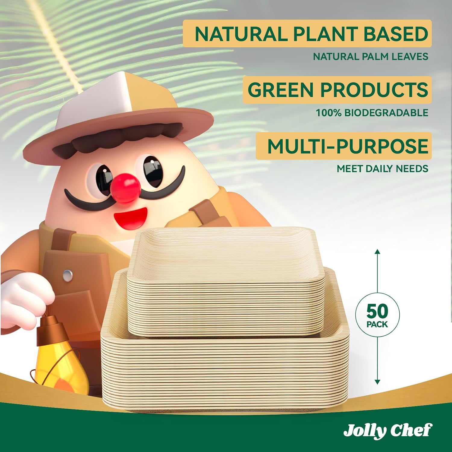 JOLLY CHEF Palm Leaf Plates, 50 Pack 10 Inch & 7.8 Inch Bulk Disposable Like Bamboo Square Plates, Party Compostable Ideal for Dinner, Wedding, Party