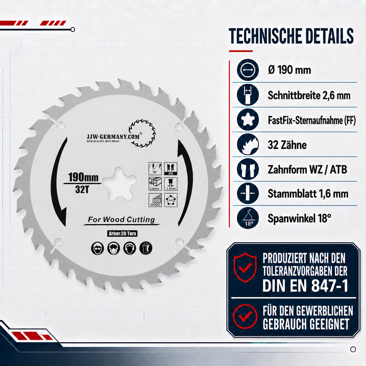 jjw-germany HM Sägeblatt 190 x 2,6 FastFix Sternaufnahme Z= 32 WZ