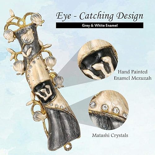Miniatura 7 de Matashi Mezuzah pintado a mano chapado en oro y cristales (esmalte gris y blanco)