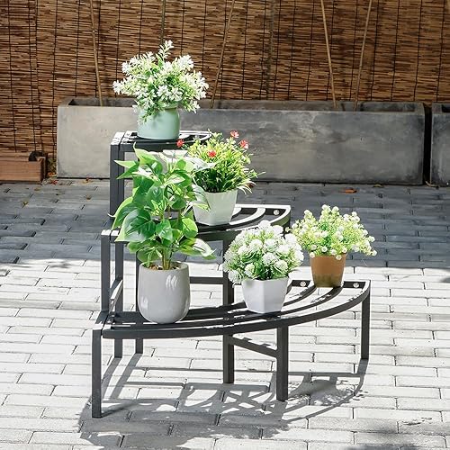 Miniatura 9 de Soporte de esquina negro para plantas, estante de 3 niveles para macetas que ahorra espacio, resistente al óxido y a la intemperie, estante de