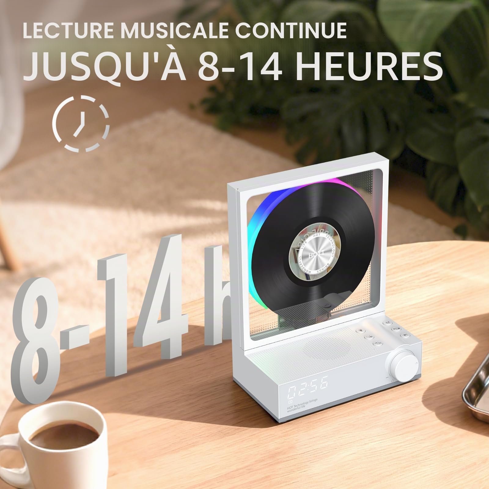 HOTT Lecteur CD de bureau avec télécommande, lecteur CD Bluetooth 5.3 avec lumières RVB, haut-parleurs HiFi, lecture et transcription, écran LED, minuterie (blanc)