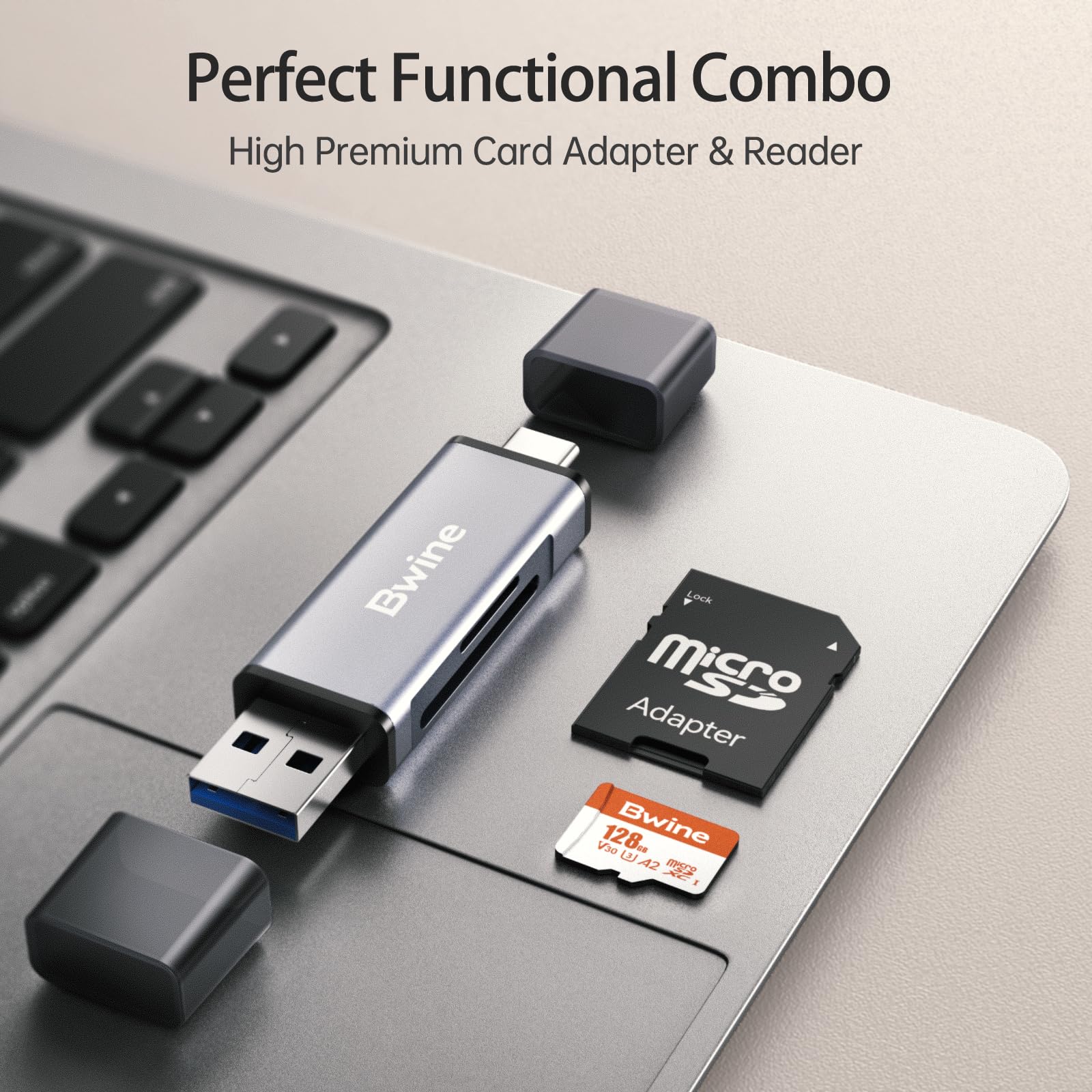 Bwine Carte Micro SD 128 Go, vitesse de lecture jusqu'à 100 Mo/s, support vidéo 4K UHD, compatible avec appareil photo numérique, drone, commutateur, avec 1 lecteur et adaptateur, orange