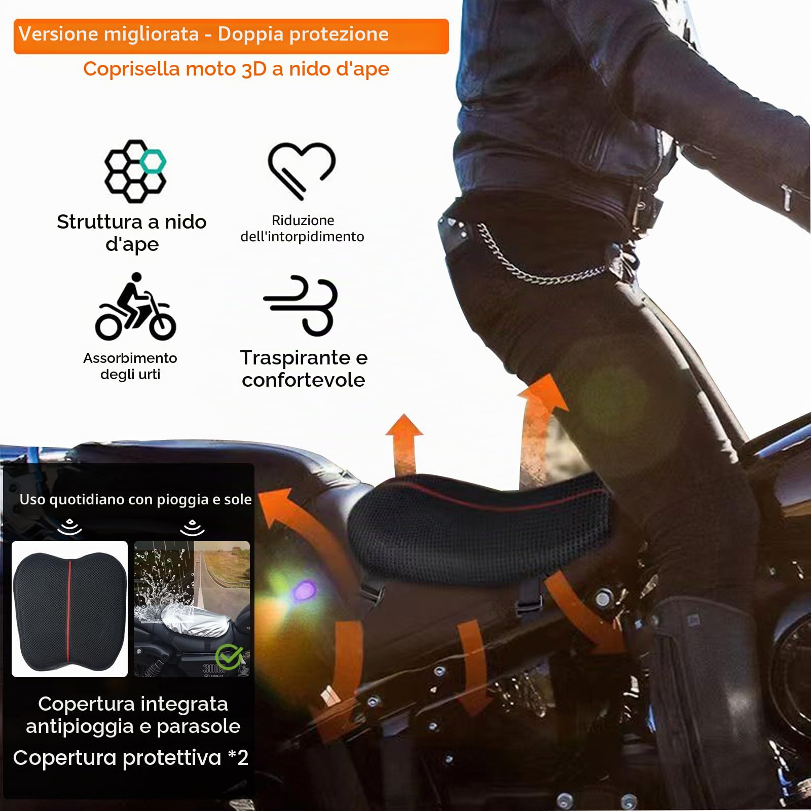 Cuscino per Sedile Moto Cuscino Sella Moto Cuscino per Sedile in Gel Telaio a Nido D'ape con Cuscinetto Parasole, Traspirante, per Lunghi Viaggi, Impermeabile, Protezione Solare