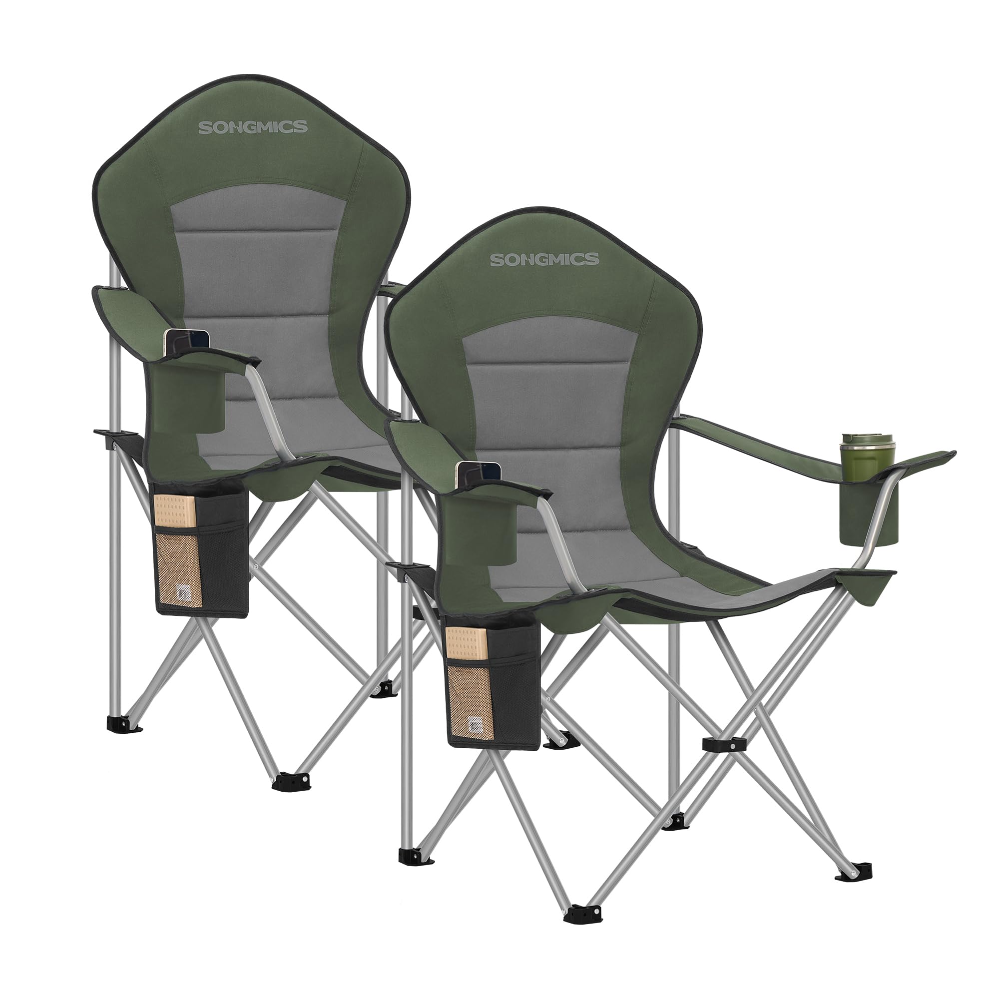 SONGMICS Set of 2 Camping Chairs, Folding Outdoor Chairs with Wide Seat and High Back, Portable Garden Picnic Chairs with Cup Holder, Phone Holder and Side Pocket, Green and Grey GCB005CD01-2J