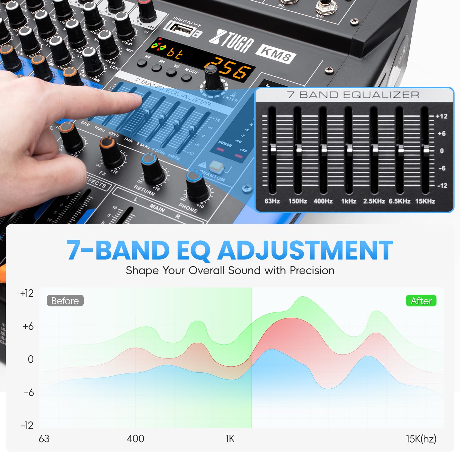 XTUGA KM8 - Mezclador de audio profesional de 8 canales, compatible con Bluetooth/USB/MP3, alimentación fantasma de 48 V, efecto DSP 256 para grabación de PC, karaoke, rendimiento de escenario