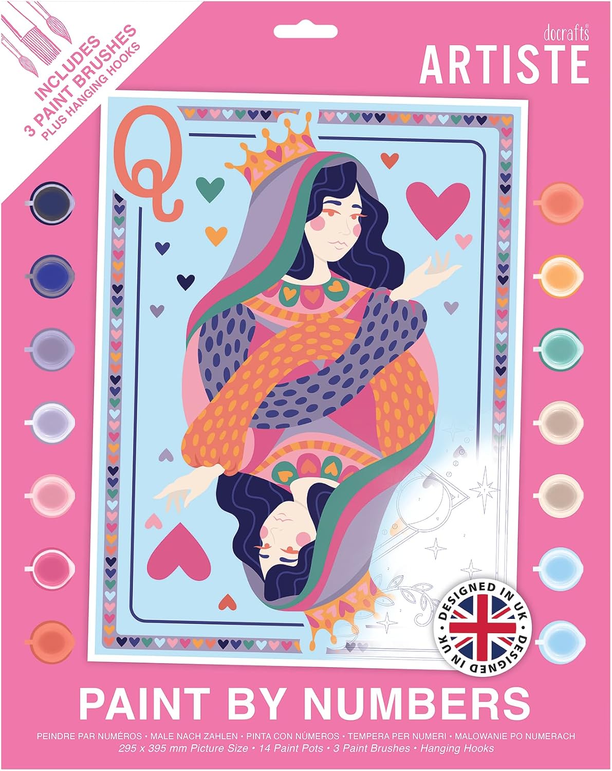 DOCRAFTS Artiste Large Paint by Numbers, Queen of Hearts, 39.5 x 29.5cm Board 14 Acrylic Colour Paint 3 Size Brush Set, Adults Craft, Hobbies Craft, Number Coded Design, Personalised Art