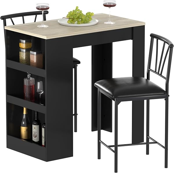 VECELO Small Bar Table and Chairs Tall Kitchen Breakfast Nook with Stools/Dining Set for 2, Storage Shelves, Space-Savin