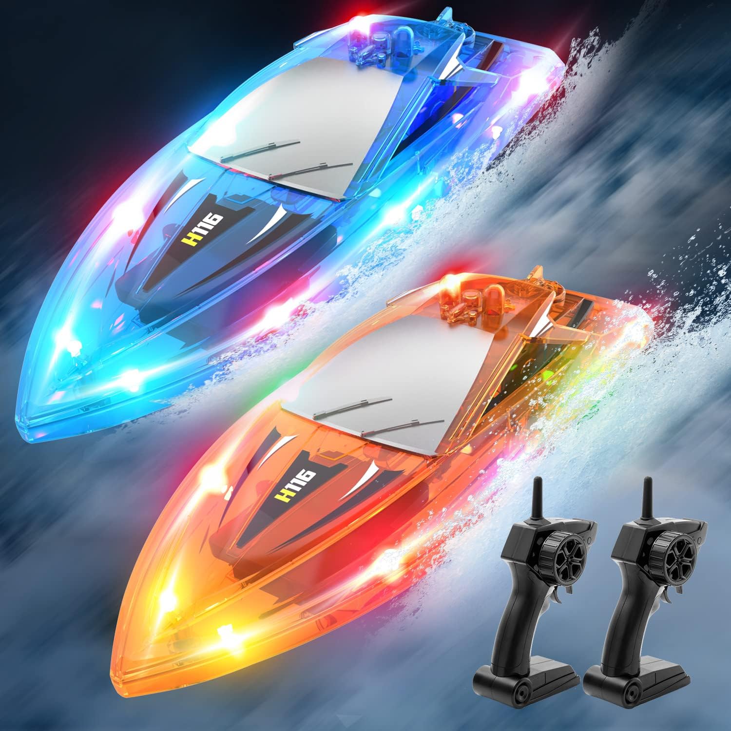 YEETFTC RC Boat for Kids, 2Pack LED Light Remote Control Boat for Pools and Lakes,Bathtub Toy Boats with Whole Body Waterproof,Rechargeable Battery,Low Battery Alarm,Water Play Toy Gift for Boys&Girls