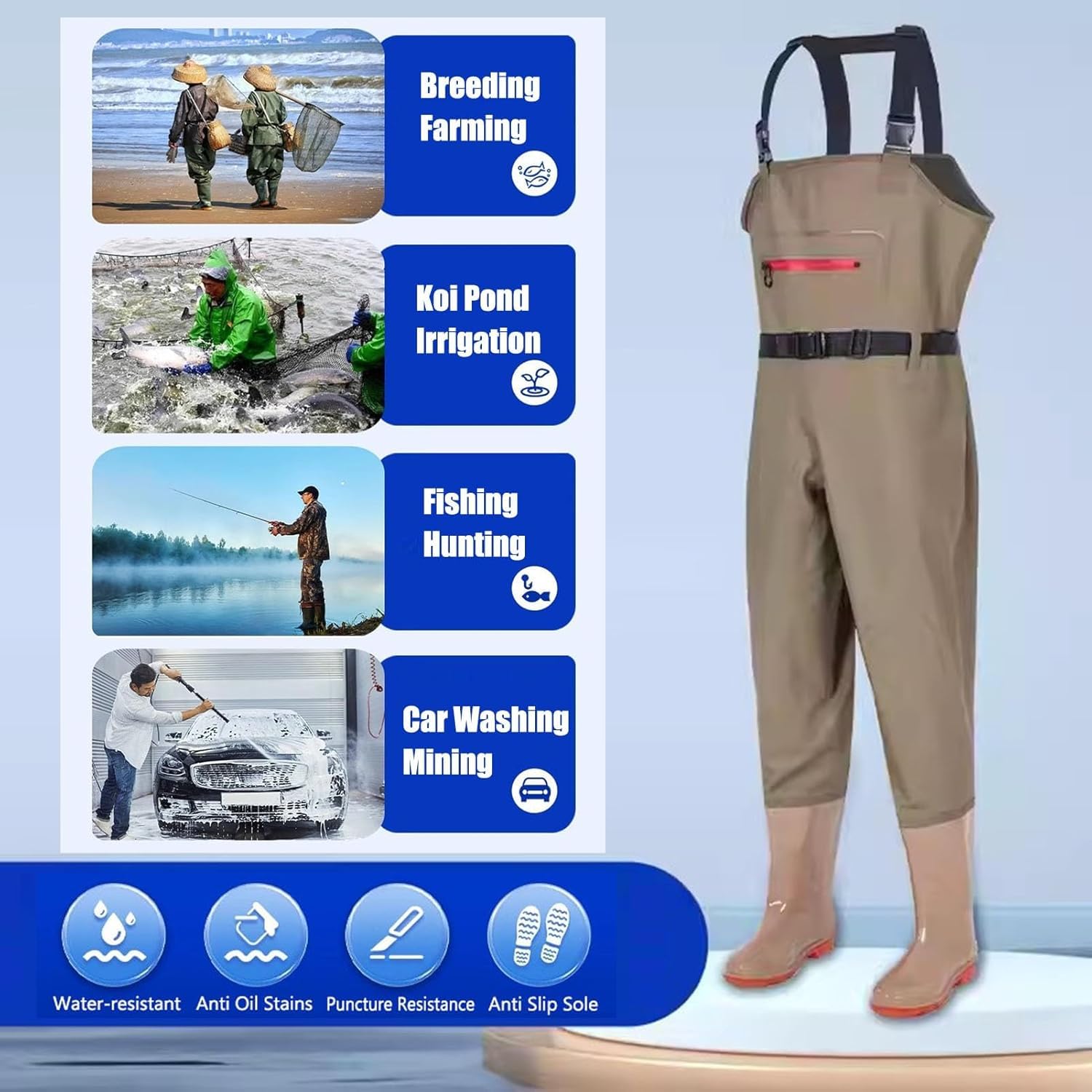 Wodoodporne spodniobuty z PVC, wodoodporne spodnie do brodzenia, buty do brodzenia dla mężczyzn i kobiet, z regulowanymi paskami(Khaki,5)