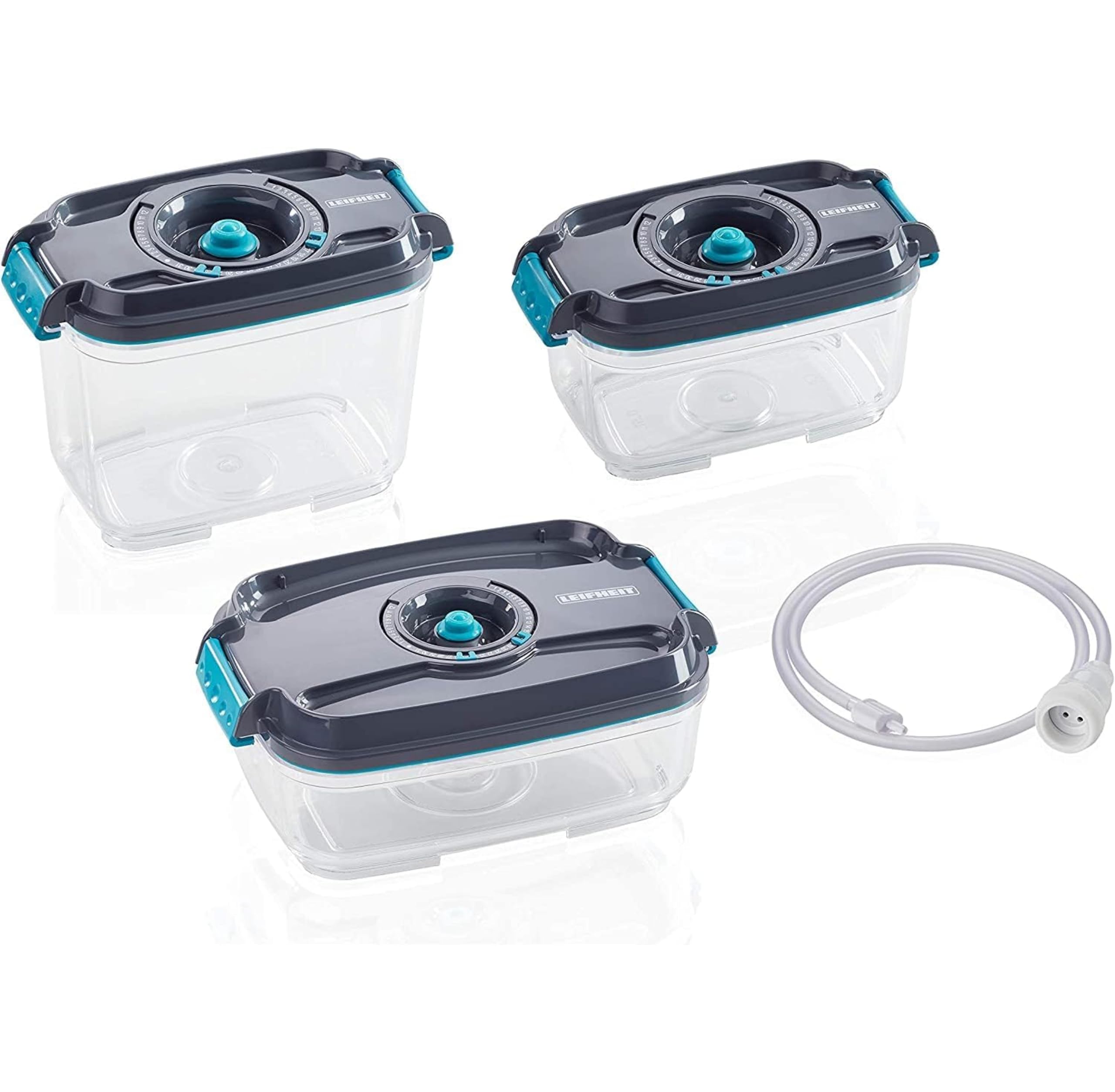 Leifheit 3er Set Vakuum-Frischhaltedosen, luft- und wasserdichte Vorratsdose, Dosen passend für Leifheit Vakuumiergeräte, BPA-frei & spülmaschinengeeignet, zum Einfrieren und die Mikrowelle geeignet
