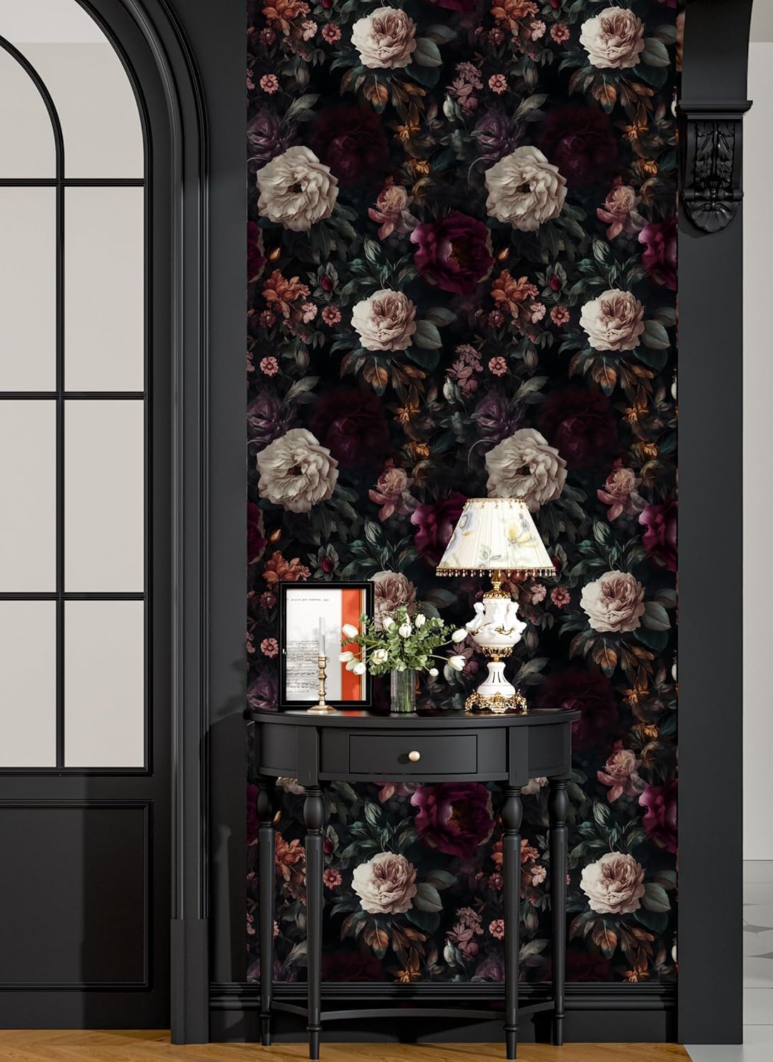 ILHIIOR Dark Floral Peel and Stick Wallpaper Boho Leaf Contact Paper Dark Rose Removable Self Adhesive Waterproof Wall Paper for Cabinet Drawers Wall Decor Renter Friendly 17.5''x393''