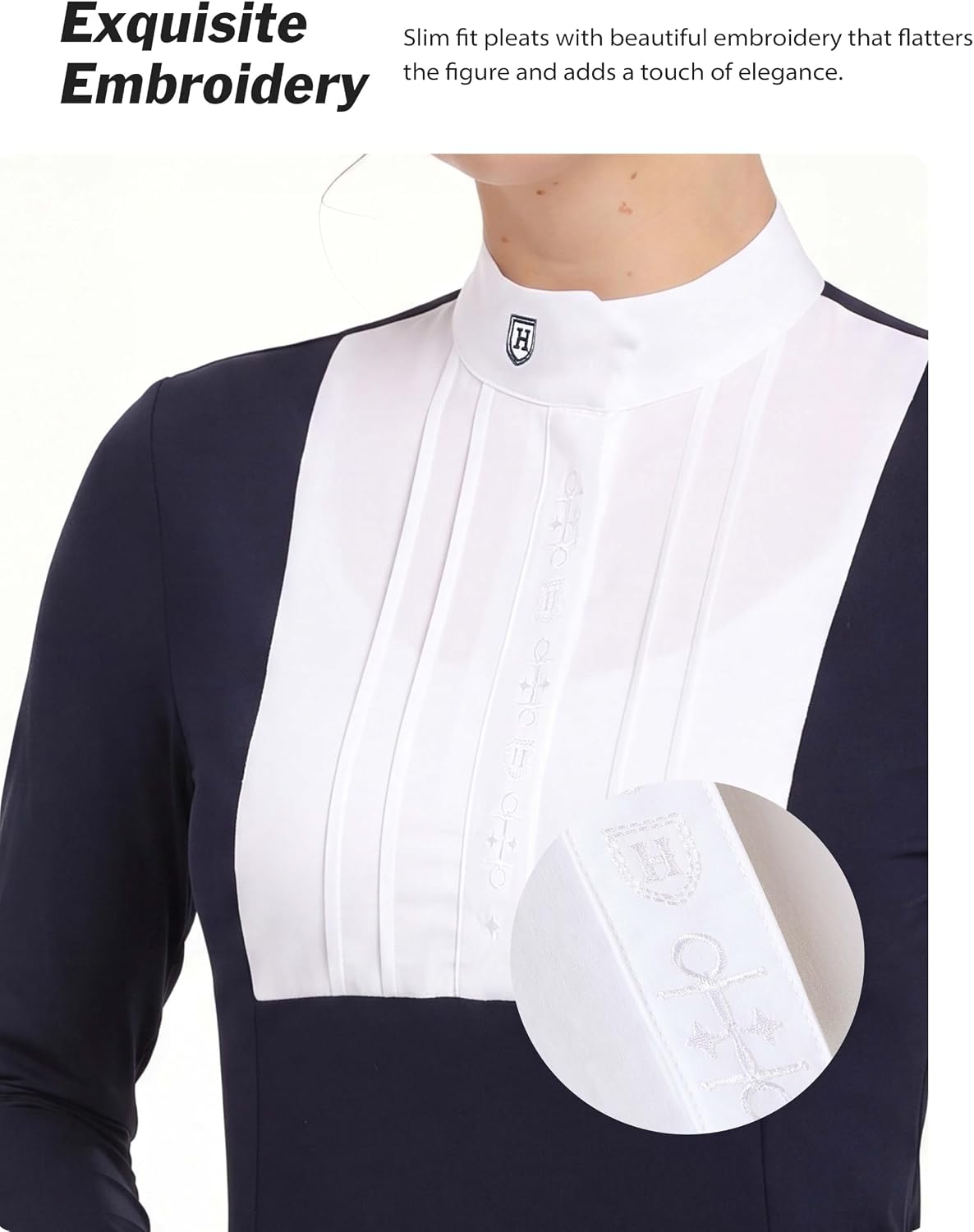 Harrison Howard Women’s Equestrian Show Shirt UPF 50+ Long Sleeve Pleated Bib Competition Horse Riding Top with Embroidery