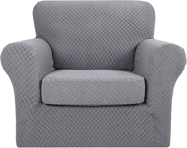 MAXIJIN 2 Piece Newest Jacquard Chair Covers with Arms Super Stretch Non Slip Chair Slipcover for Living Room Dogs Pet Friendly Elastic Sofa Couch Protector Armchair Cover (1 Seater, Light Grey)
