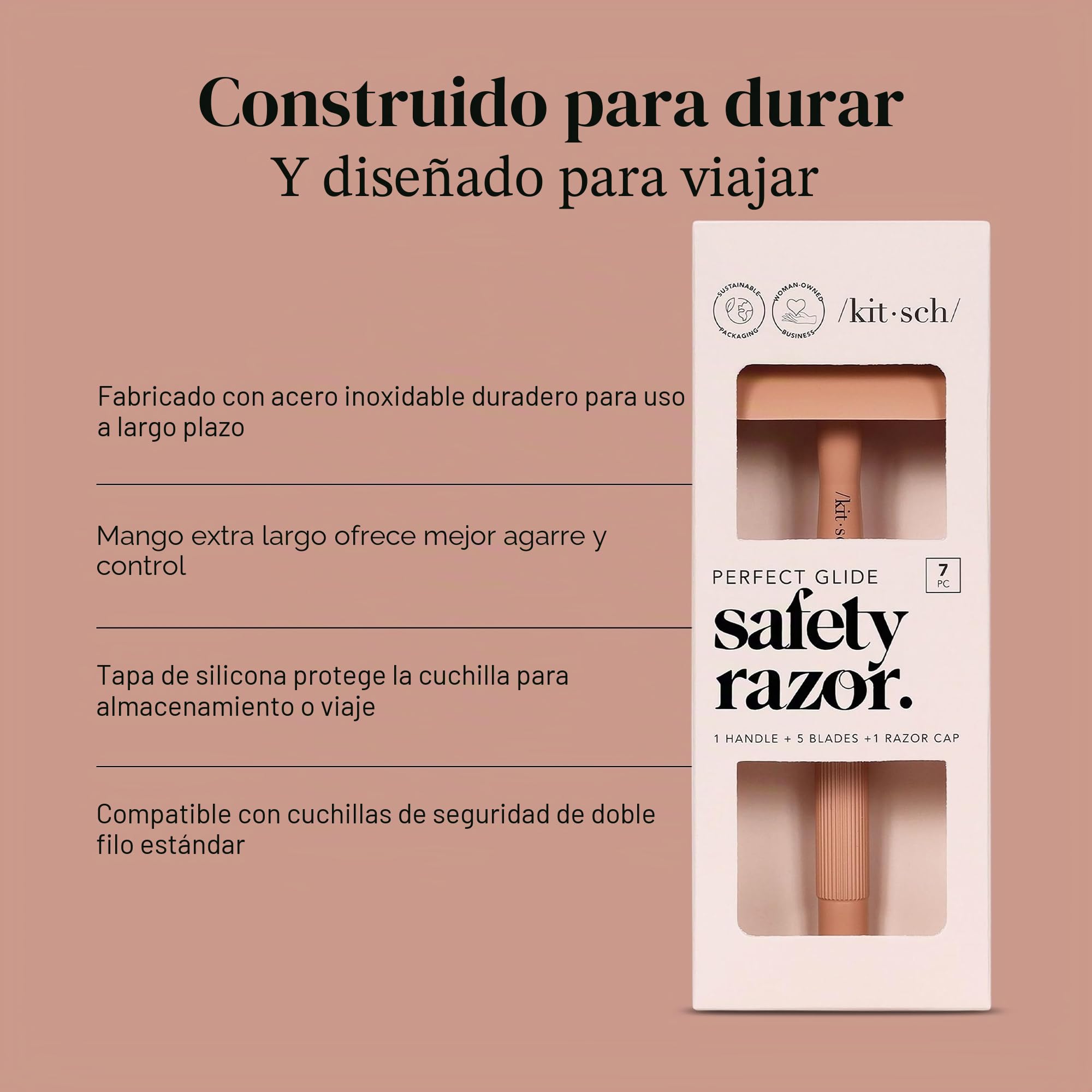 Kitsch Perfect Glide - Maquinilla de afeitar de seguridad con mango de metal y acero inoxidable con 5 cuchillas de seguridad y 1 tapa de afeitar, maquinilla de afeitar de una sola hoja sin arrastre