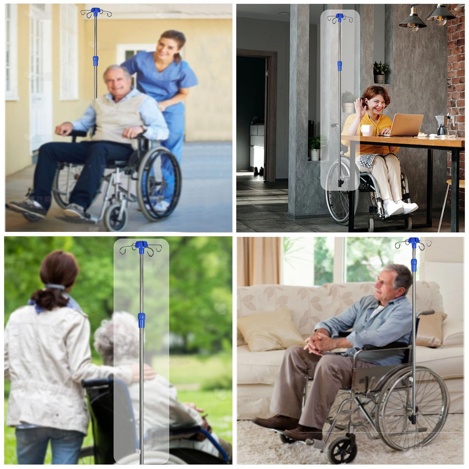 Asta per Flebo per Sedia a Rotelle 4 Ganci Portaflebo per Sedia a Rotelle Asta Portaflebo Telescopica Regolabile in Altezza