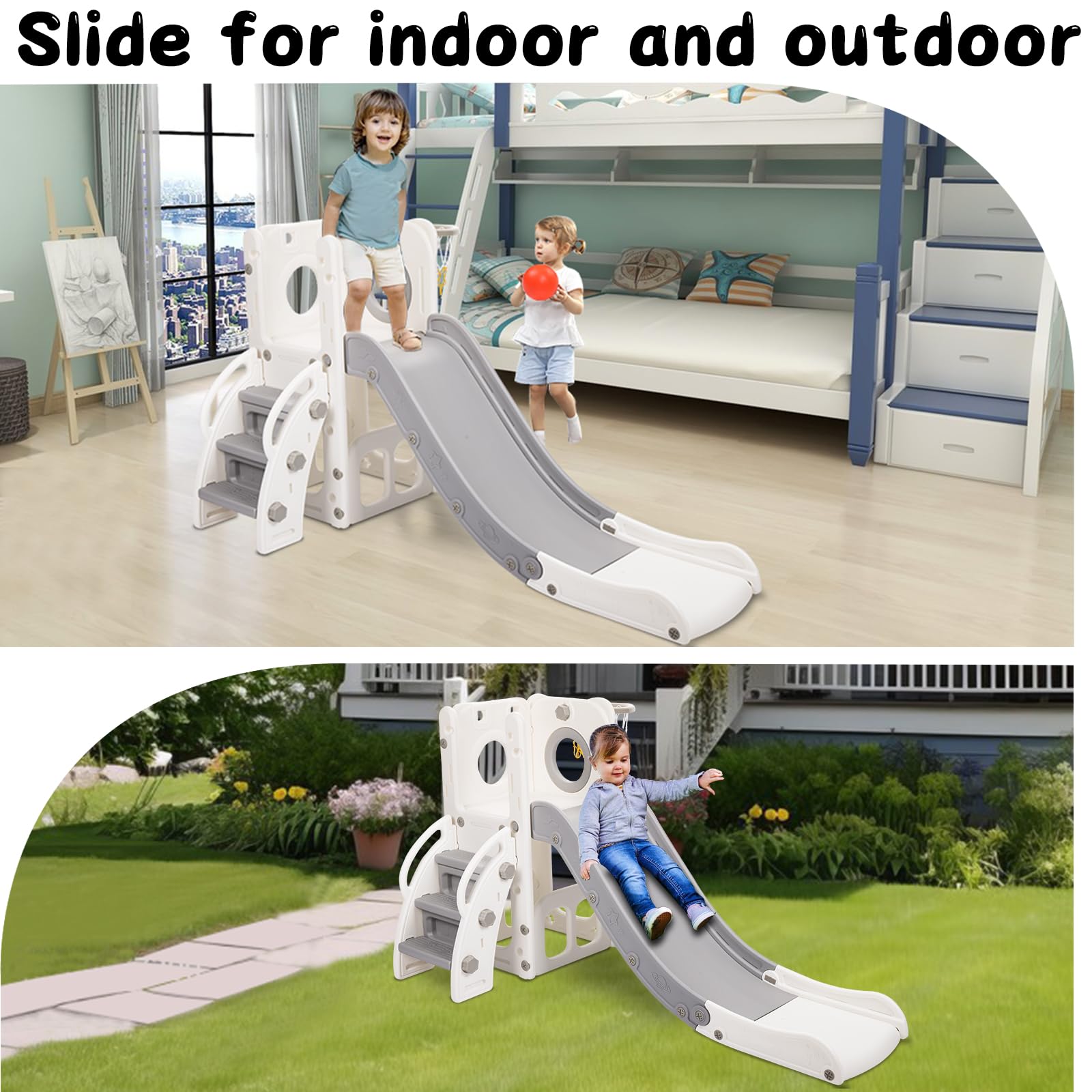 HLC Kinder-Rutsche mit Rutsche 140 cm und Basketballkorb, Kinderspielplatz-Stil, Beige, für Kinder von 1 bis 3 Jahren