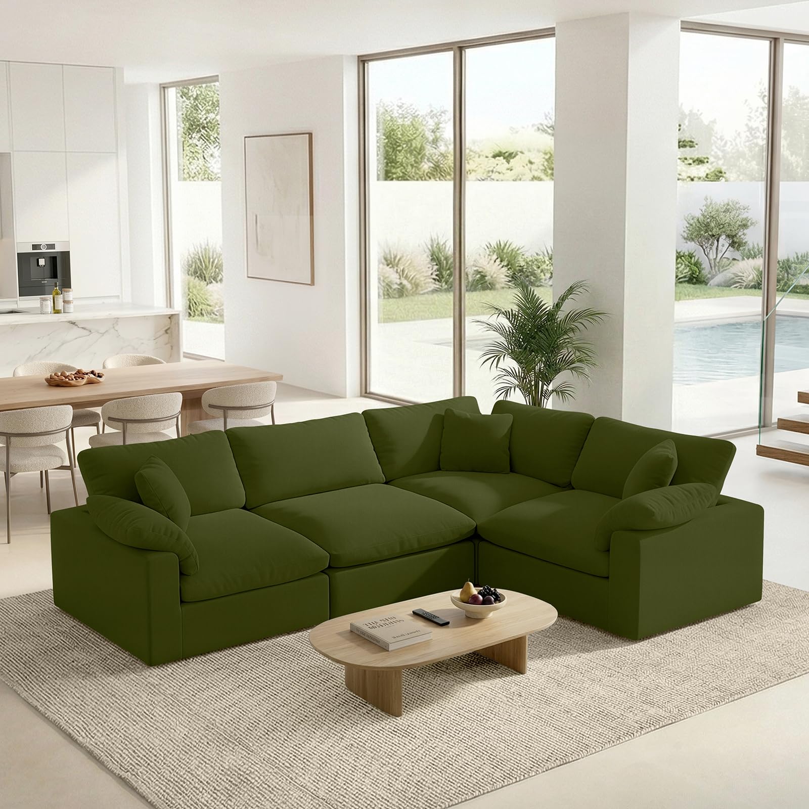 Modular Sectional Sofa, 4 Seater Cloud Couch,Down Filled Comfy Cloud Modern Sofa,Green Linen Oversized Couch Cushion Covers Removable for Living Room