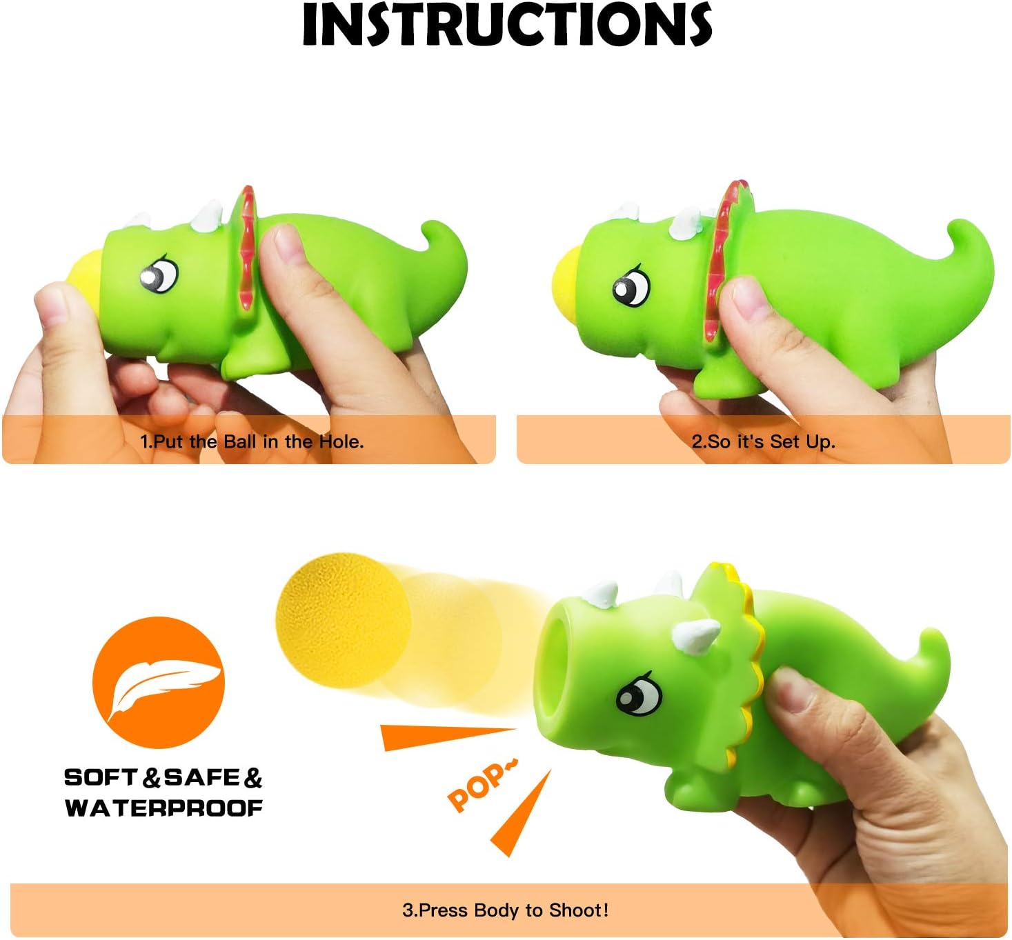Triceratops Dinosaur Toy Shooter Ball Blaster - Animal Popper with 6 Foam Ball - Indoor and Outdoor Play for Age 3+