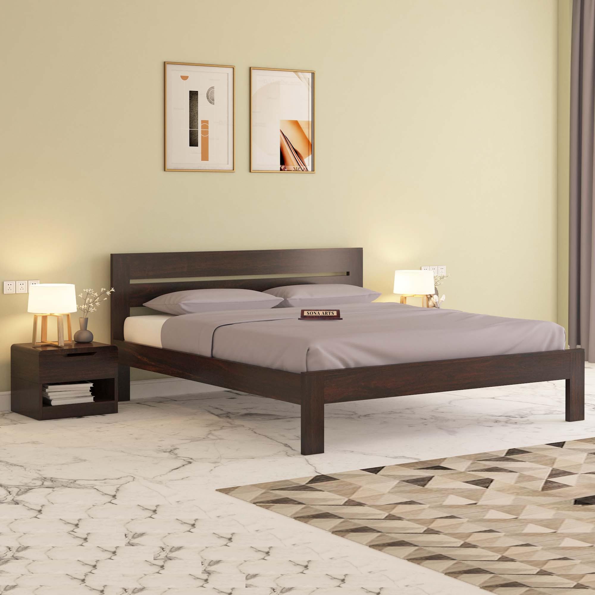 Eros Solid Sheesham Wood Bed King Size Without Storage (78x72) Double Bed King Size Cot for Bedroom (Walnut Finish)