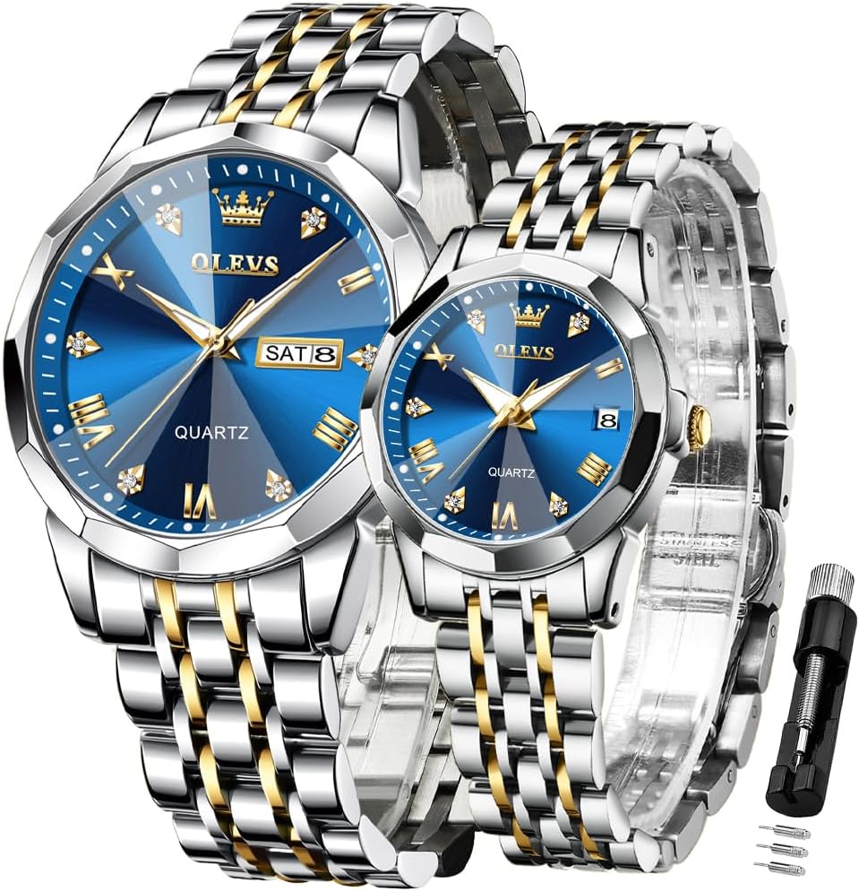 OLEVS Valentines Couple Pair Quartz Watches Luminous Calendar Date Window 3ATM Waterproof, Casual Stainless Steel His and Hers Wristwatch for Men Women Lovers Wedding Romantic Gifts Set of 2