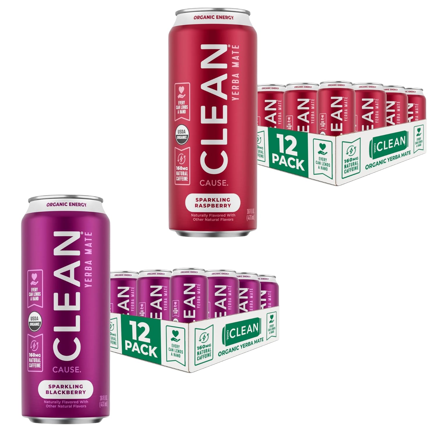 CLEAN Cause Low Calorie Raspberry and Blackberry USDA Organic Sparkling Yerba Mate Tea (16oz cans, 2-12-Pack Case) Low Sugar, 160mg Caffeine, Healthy Alternative to Soda & Energy Drinks.