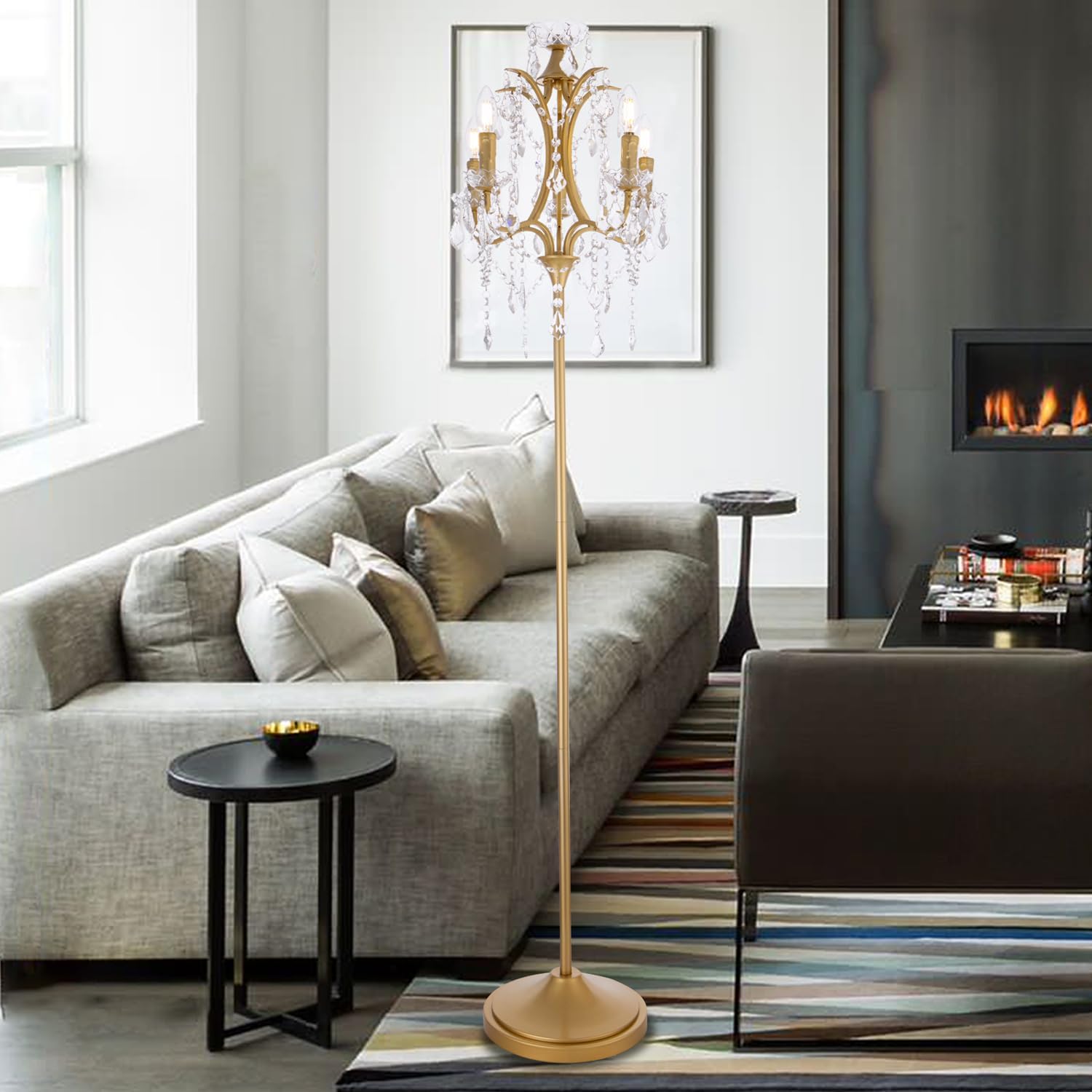 TOCHIC 5-Light Farmhouse Tranditional Crystal Floor Lamp, Gold Craft Candelabra Lighting Fixture 65'' Tall for Living Room, Dining Room, Entryway, Bedroom