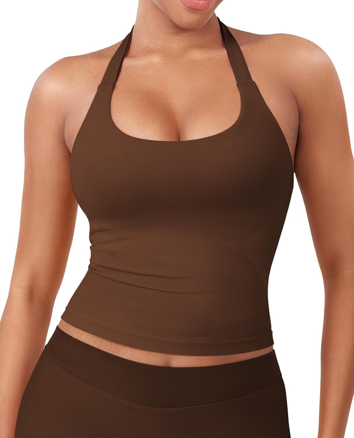 YEOREO SoftHue Women's Impact Halter Tank Top Longline Backless Scoop Neck Built-in Bra Sports Workout Gym Crop Top