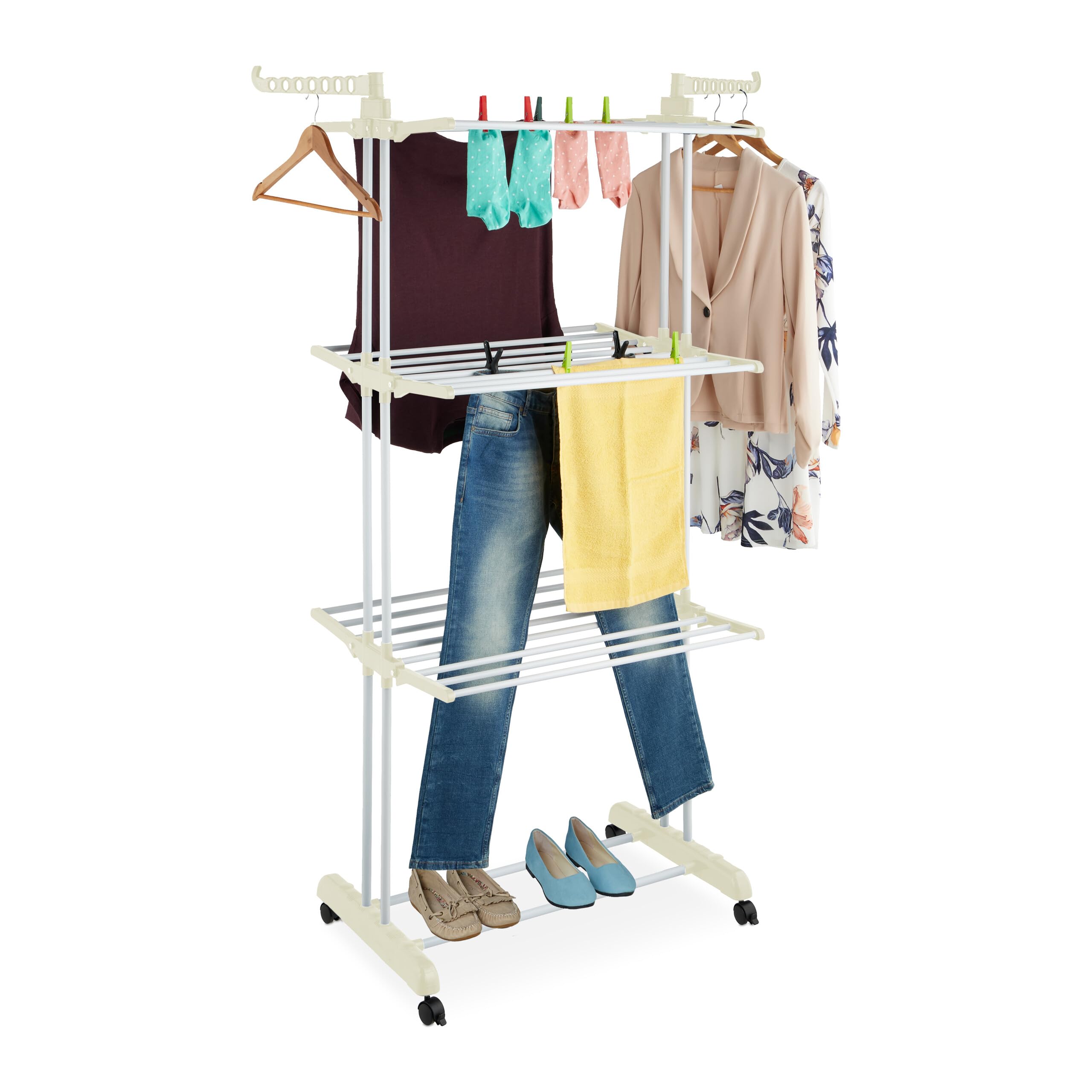 Relaxdays White Clothes Airer, With Wheels, Laundry Drying Rack, Foldable Wings, Hwd: 179X126x63.5 Cm, Vertical, Metal,