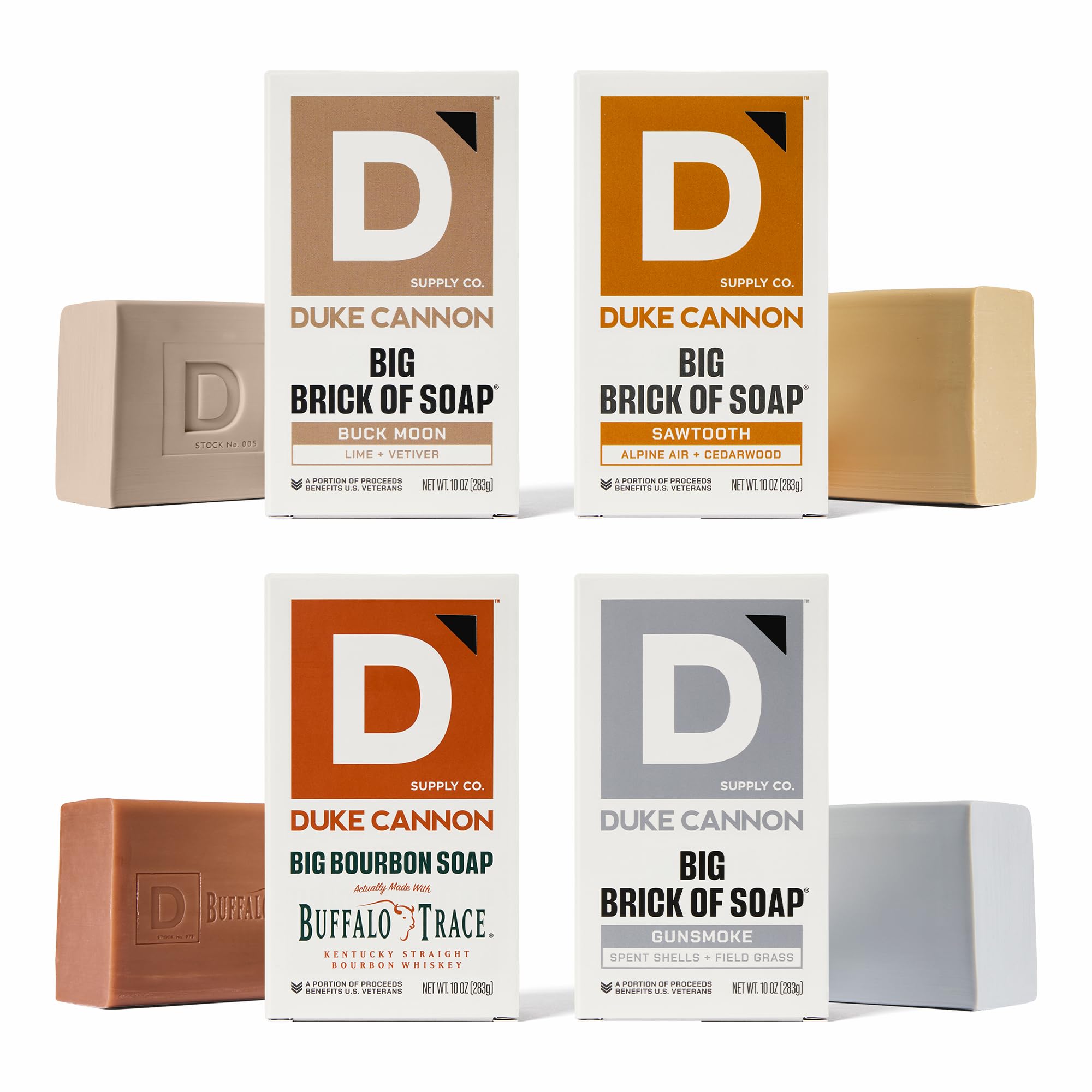 Duke Cannon Supply Co. Large Bar Soap Bundle - Men's Soap with Masculine Scents - USA-made - All Skin Types - Gun Smoke, Buck Moon, Sawtooth & Bourbon - 10 oz (4 Pack)
