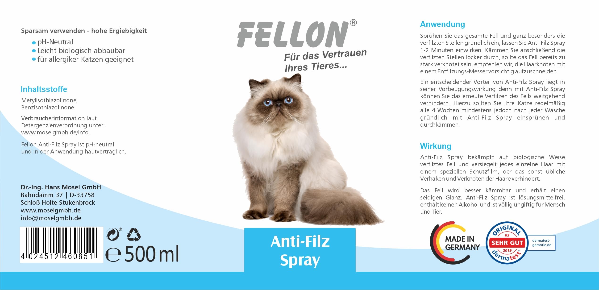 Fellon Spray anti-feutre pour chats - Spray démêlant 500 ml - pH neutre - Soin du pelage pour une brillance soyeuse et facile à démêler - Pour toutes les races de chats et les personnes allergiques