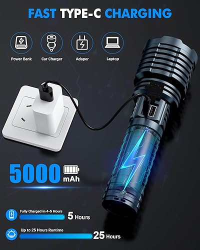 Miniatura 5 de Linternas LED recargables superbrillantes de 2500,000 lúmenes altos, potente linterna táctica de hasta 25 horas de duración de la batería, zoomable,