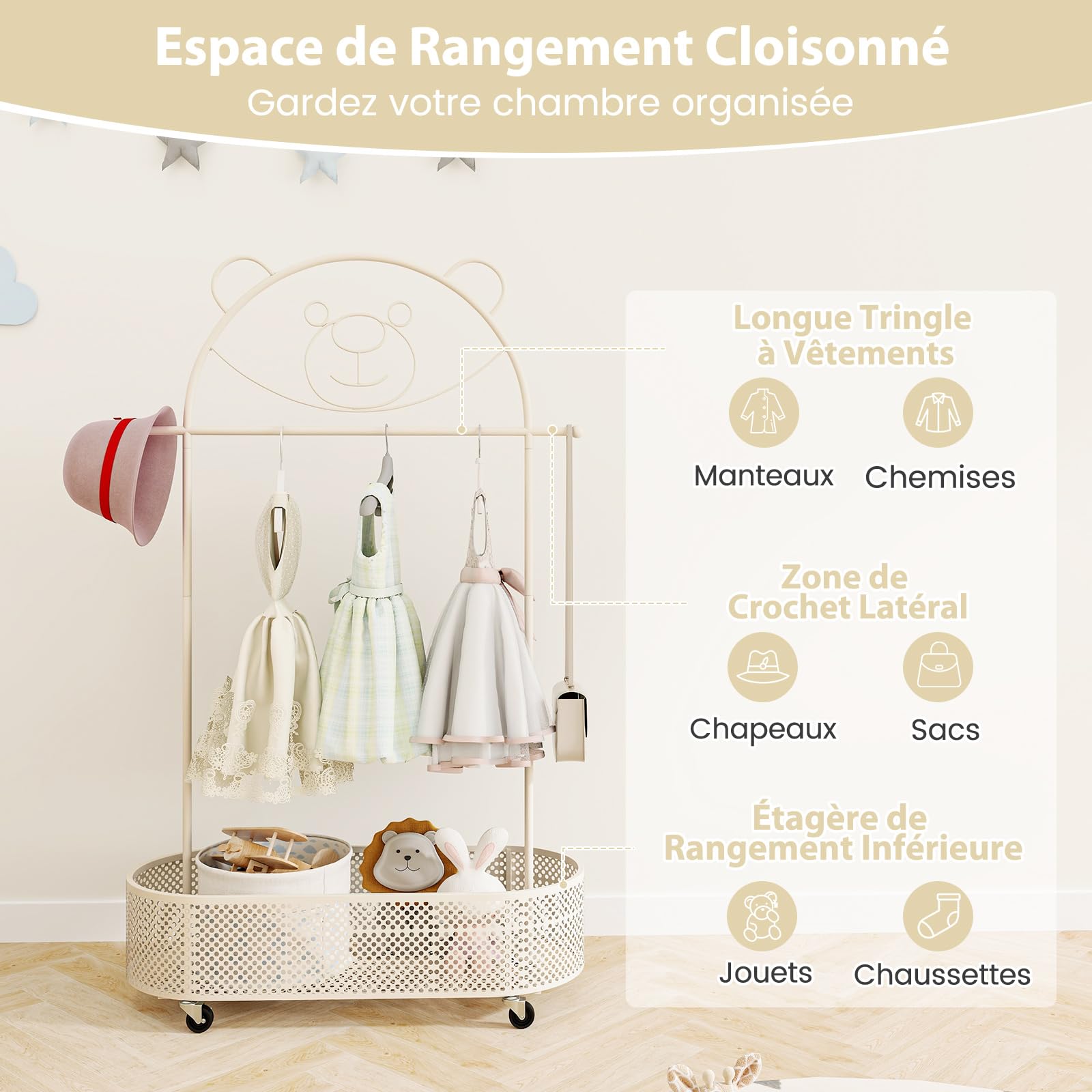 COSTWAY Portant à Vêtements Enfant en Forme d'ours avec 3 Hauteurs Réglables, Garde-Robe Enfant en Métal avec Panier Inférieur, Porte-vêtements sur roulettes pour Chambre d'enfant, Charge 50kg