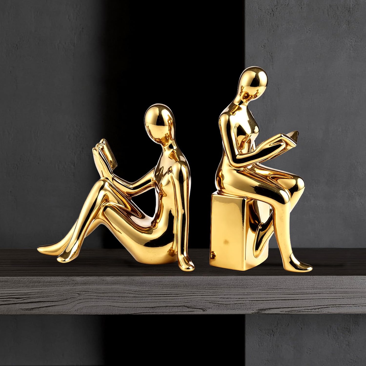 Ceramic Decorative Gold Bookends Set of 2, Sturdy Stable Non-Slip for Books, Modern Abstract Sculptural Book Ends, Geometric Human Face Aesthetic Shelf Decor for Home Office Library
