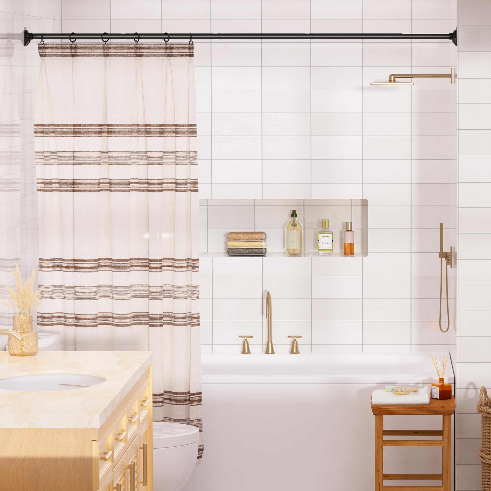 Matte Black Shower Curtain Rod 33 to 90 Inches, 1 Inch Adjustable Spring Tension Curtain Rod No Drill, Stainless Steel Shower Rod for Bathroom, Closet, Window, Room Divider, Never Rust, Non Slip