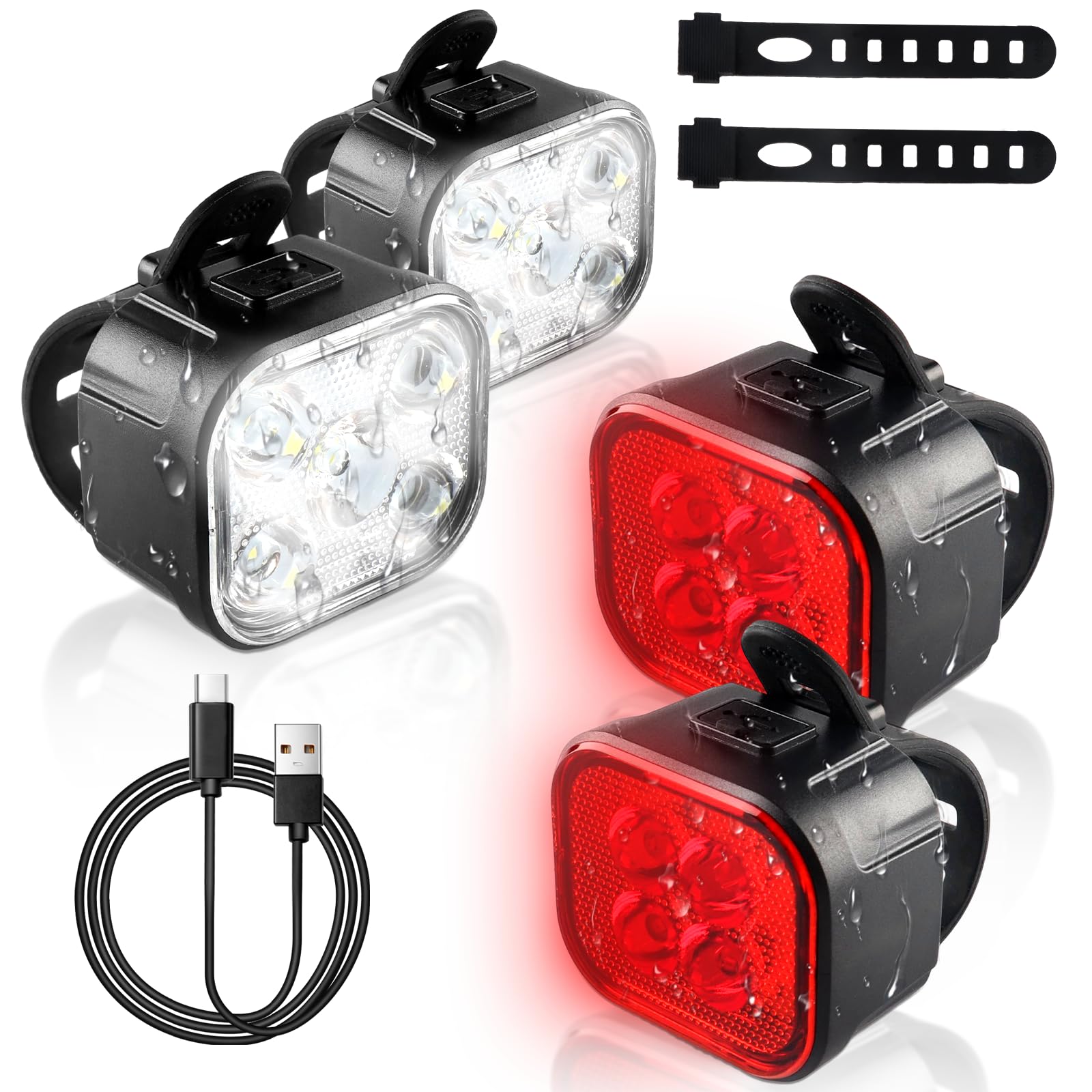 KunHe 2 Pack Bike Lights for Night Riding USB Rechargeable Bike Lights Front and Rear 8+12 Modes Bike Light Set Bicycle Lights Headlight and Taillight Easy to Install