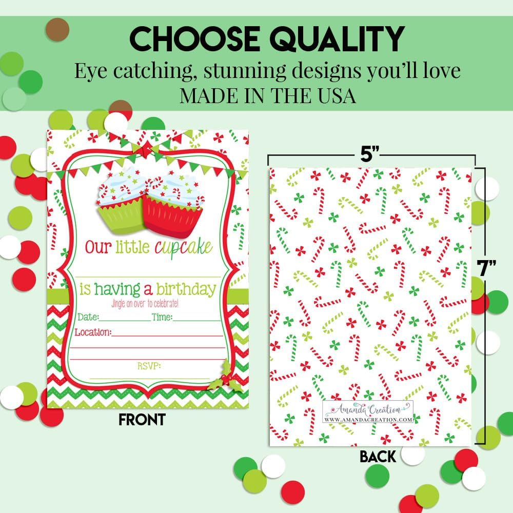 Amanda Creation Christmas Invitations with Envelopes – Cupcake Red and Green December, 20 Pack 5x7 Double Sided Fill-In Invite Cards with Twenty White Envelopes Perfect for Christmas Birthday Parties