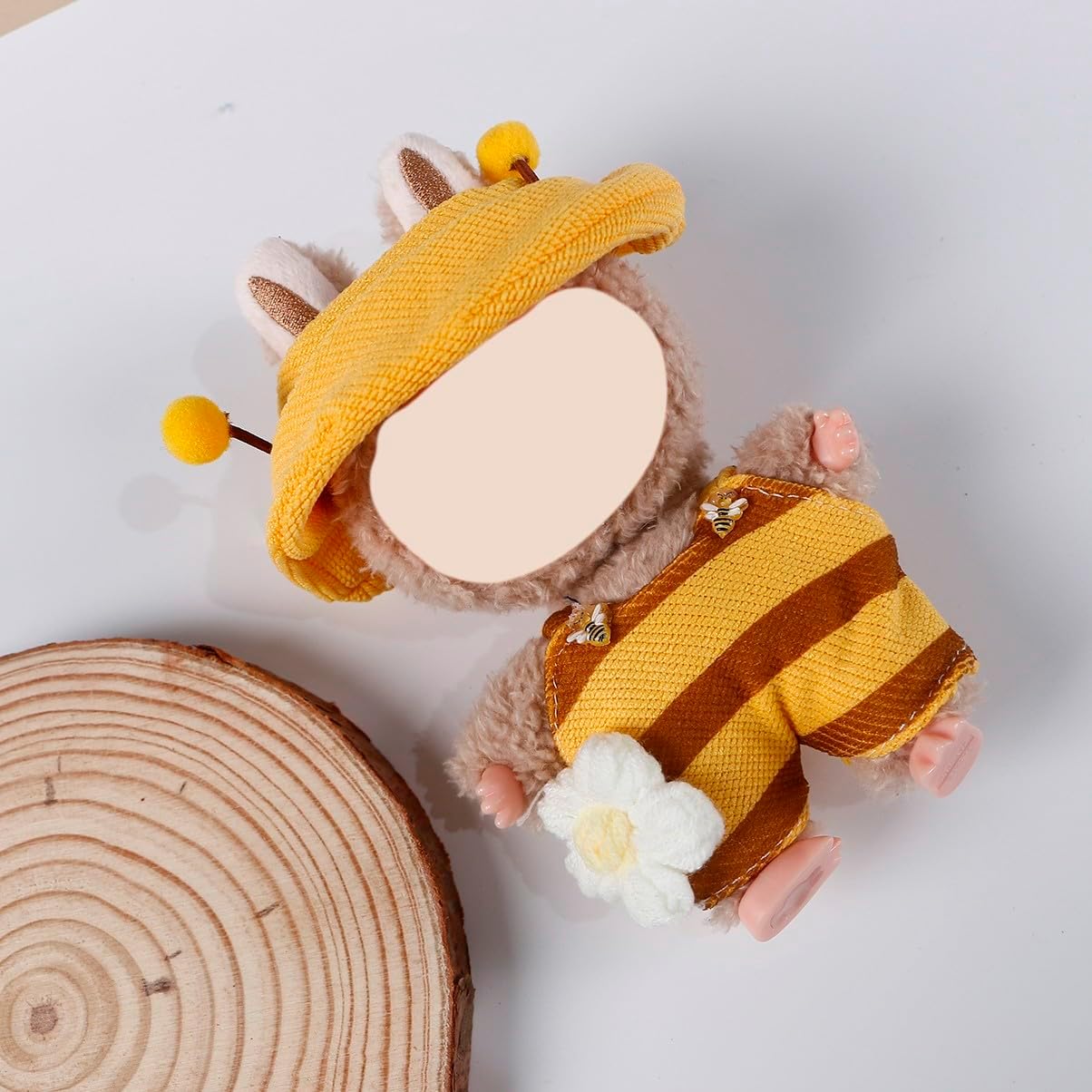 Compatible with Labubu (NO Doll) - Yellow Bee Hat & Striped Overalls Set with Flower Decor, Outfit for 15cm/17cm Plush Dolls (Yellow Bee)