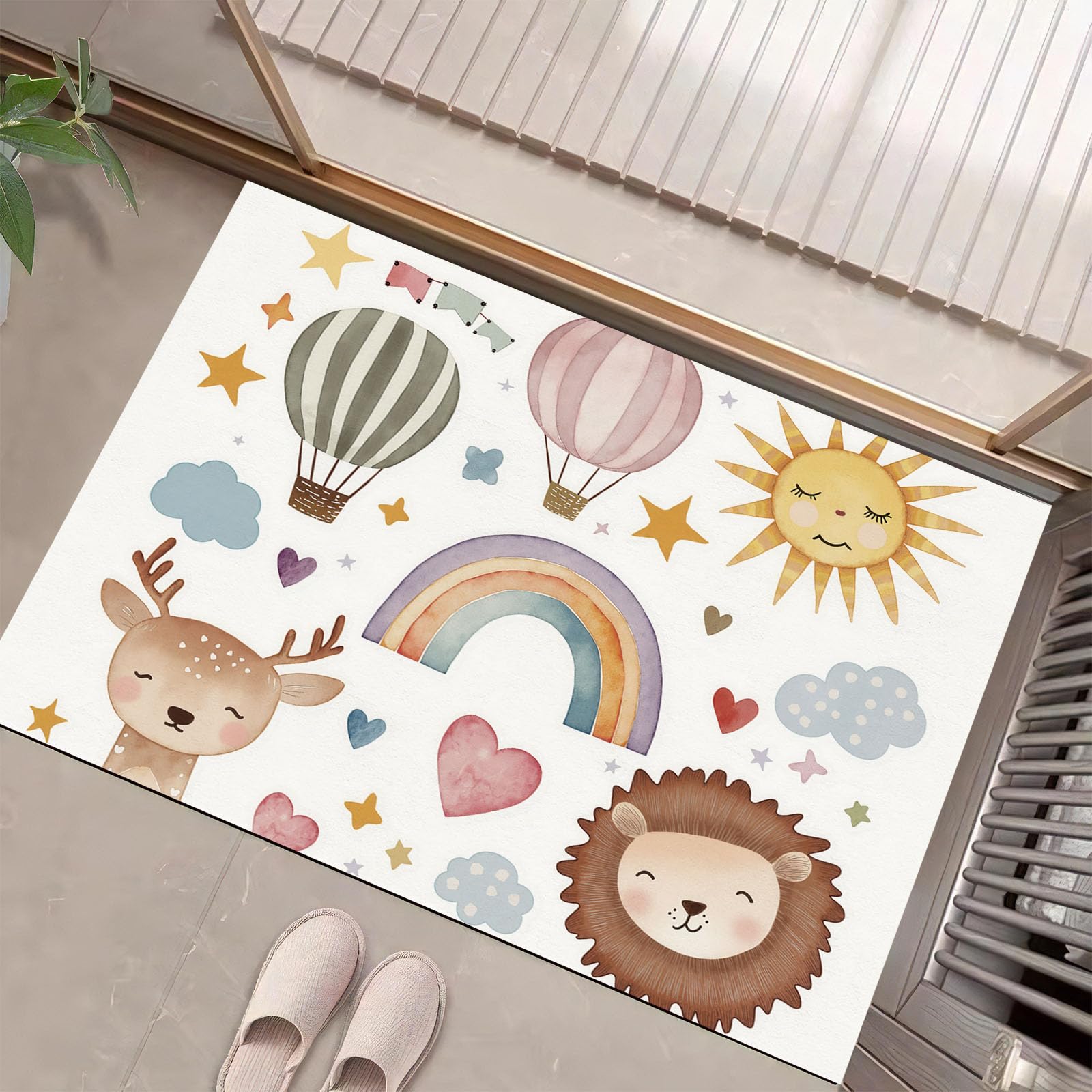 Felpudo de Bienvenida con Ciervo del Sol, León, 80x120cm Felpudo Entrada Casa Animales Progenitores Antideslizante Alfombra Pasillo de Perfil Bajo para Debajo de la Puerta, Blanco