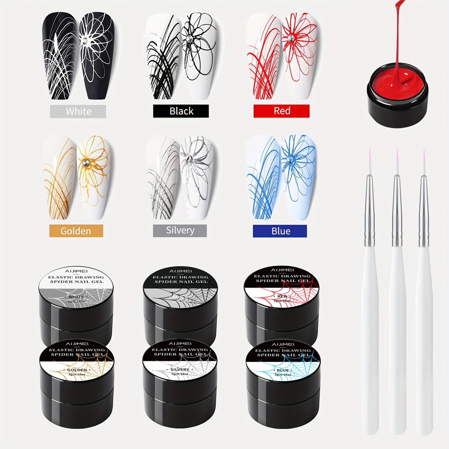 6Colors spider gel spider, gel for nails art Elastic Drawing, One Stroke Molding High Saturation Smooth Easy-to-Apply Gel Polish Set for DIY Nail Art