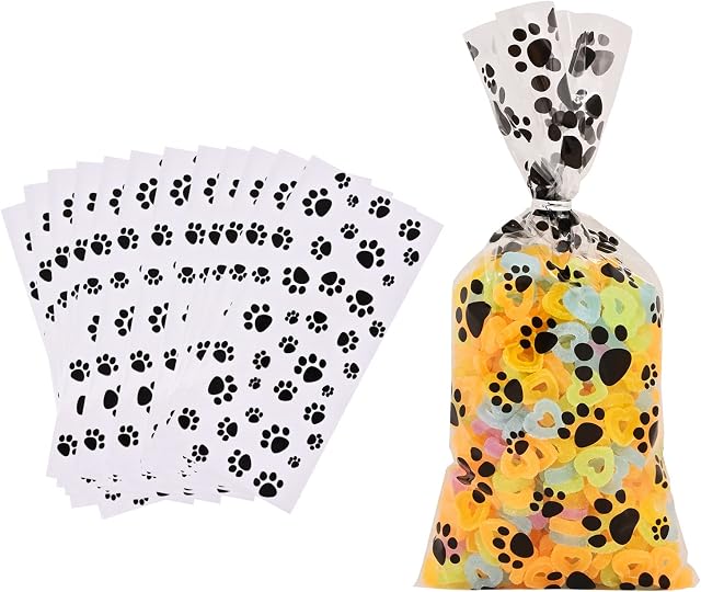 Fvomye 50 Pieces Paw Print Cone Cellophane Bags Plastic Parties Treat Bags Heat Sealable Candy Bags Sweet Bags (50)