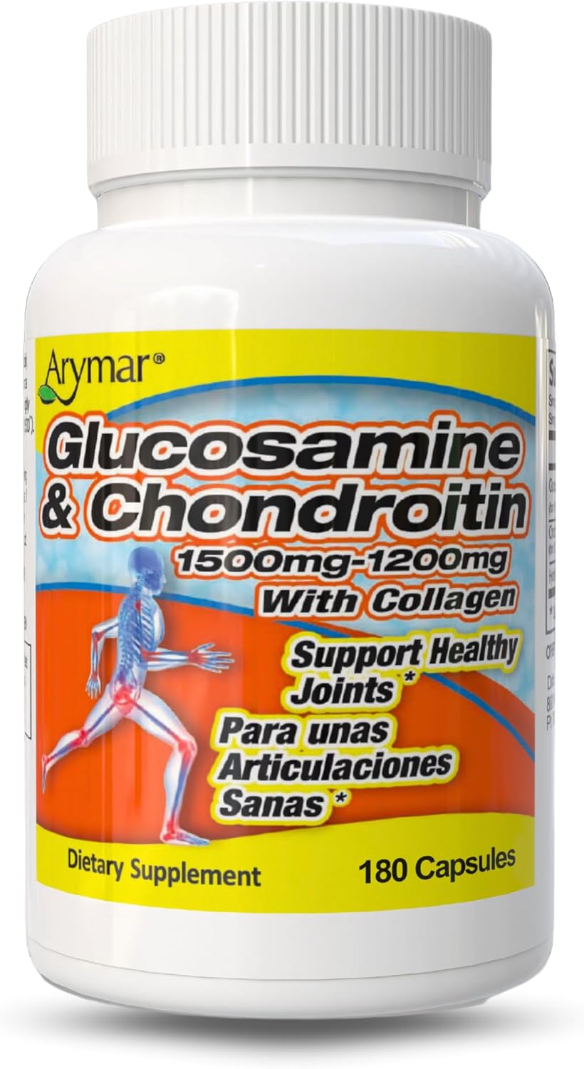 Arymar Glucosamine 1500 mg and Chondroitin 1200 mg with Collagen – Joint Health Supplement – 90 Capsules (2, 180 Capsules)