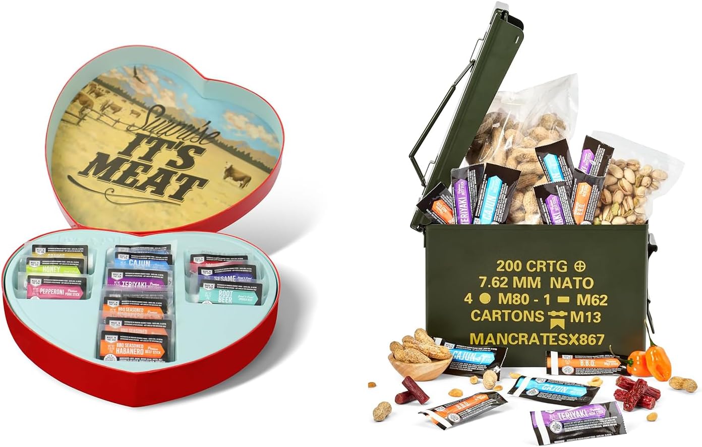 Man Crates Jerky Heart & Snack-munition Ammo Can Bundle - 14 Beef Jerky Snacks In A Delightfully Surprising Heart-Shaped Box - 3 Meat Stick Flavors, Tequila Pistachios, Salted Peanuts