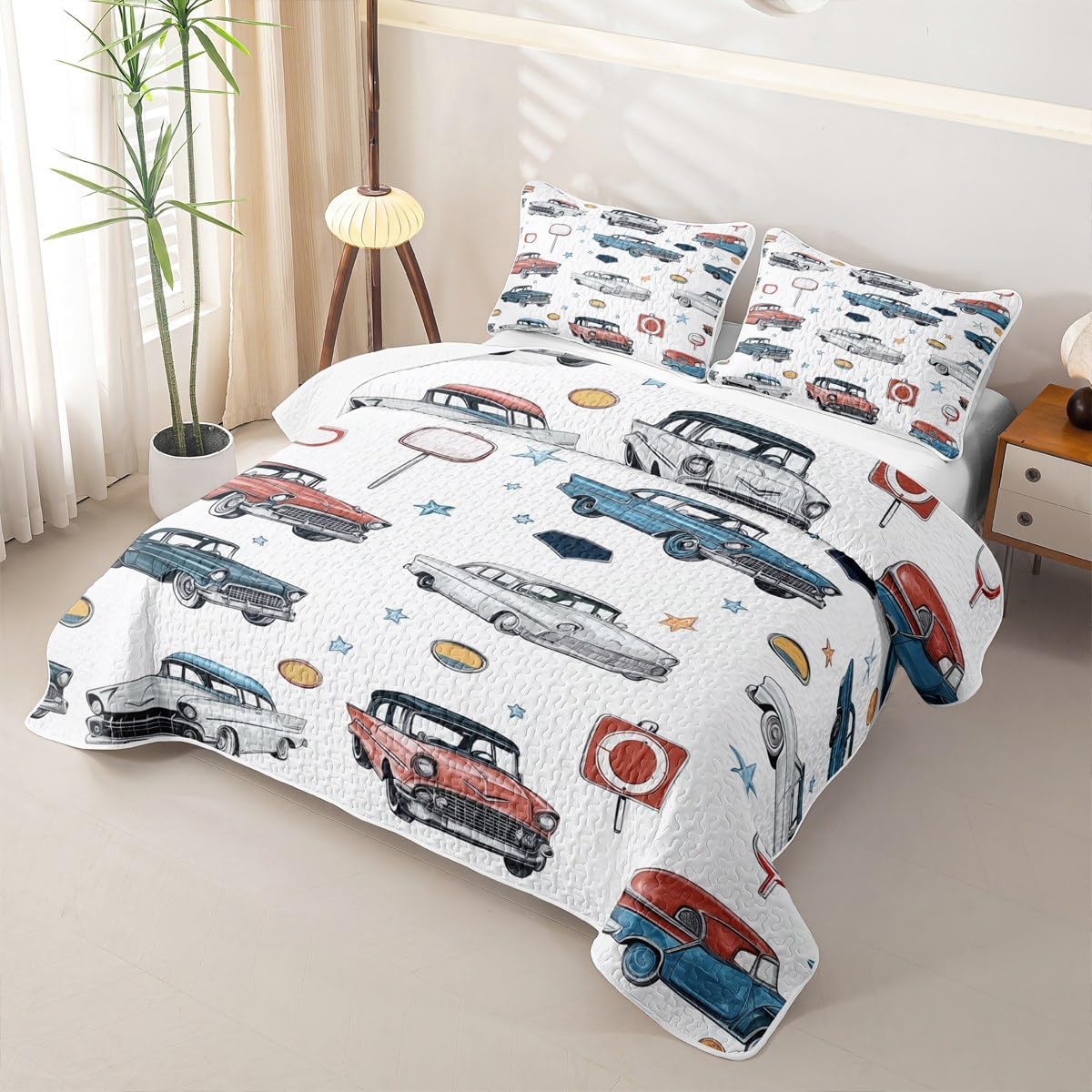 Manfei Retro Car Quilt Set Twin,Watercolor Cartoon Vehicle Kids Quilted Coverlet,Vintage 70s Style Lightweight Quilted Bedspread,Blue Bed Covers for All Season,with 1 Pillow Sham