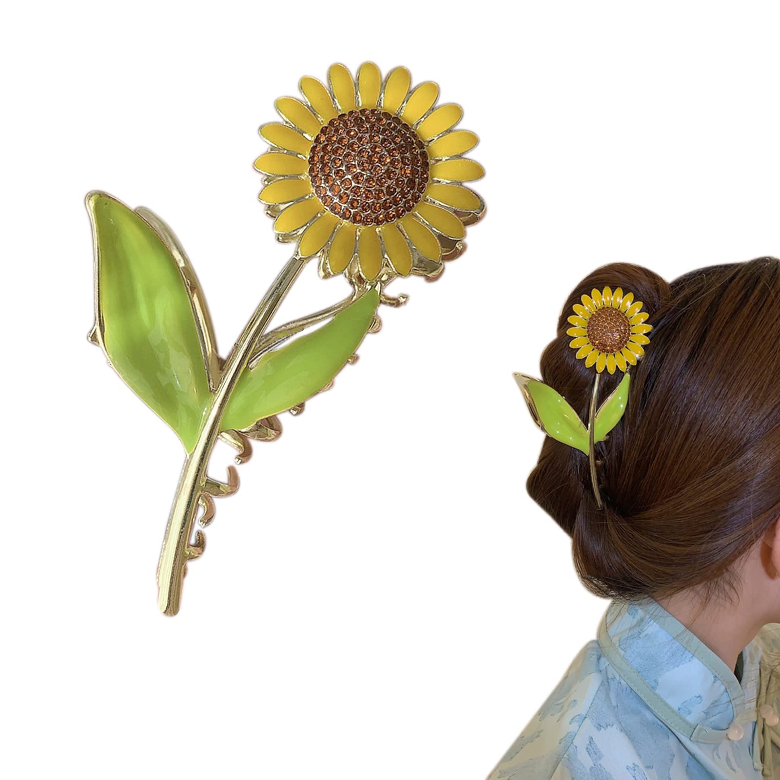 Flower Claw Clips Large Metal Hair Clips Sunflower Hair Clip Flower Hair Claw Clips with Rhinestones Strong Hold Claw Clip Hair Clips Women Nonslip for Thicken Hair Curly Straight Long Hair