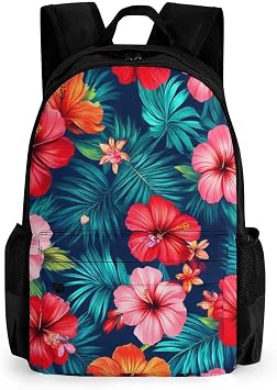 Hawaiian Colorful Hibiscus Flowers Tropical Palm Tree Leaves Art Rucksacks Polyester Anti-Theft Multipurpose Carry On Bag Large Capacity Gym Outdoor Hiking Backpack With Smooth Zippers